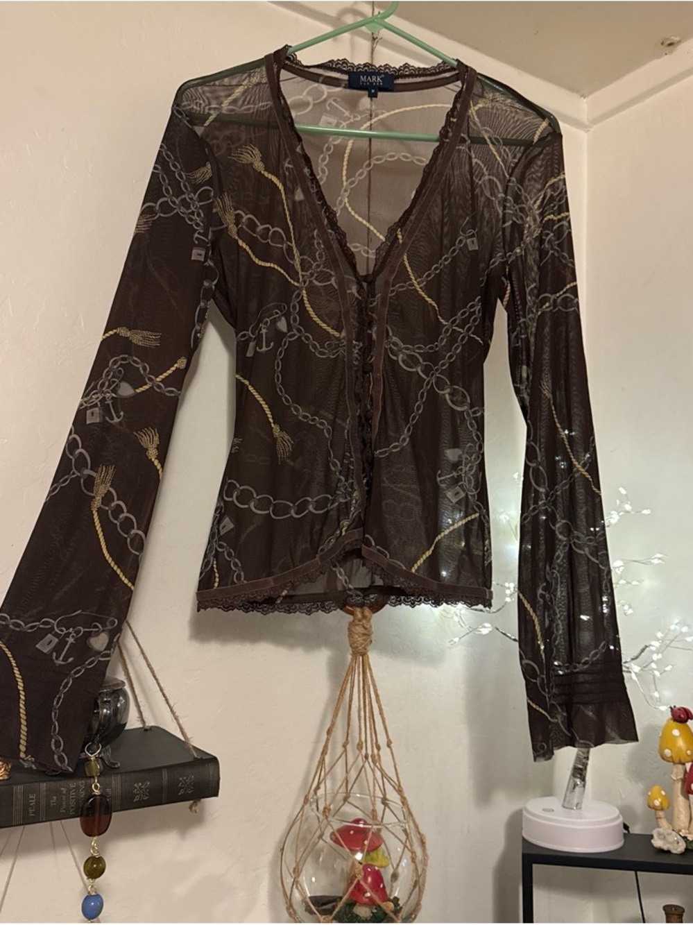 mark. Brown Sheer Chain-Print V-Neck Long Sleeve Top